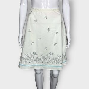 Ann Taylor Loft White, Cotton Novelty Print Embroidered Trim A Line Midi Skirt